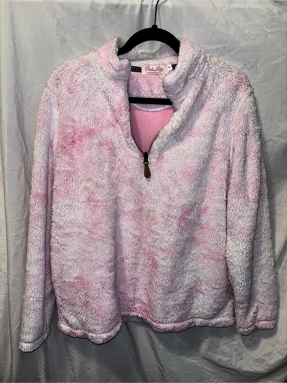 Pink Lily Fuzzy Quarter Zip Pullover Tie-Dye Jacket Pink & White Small